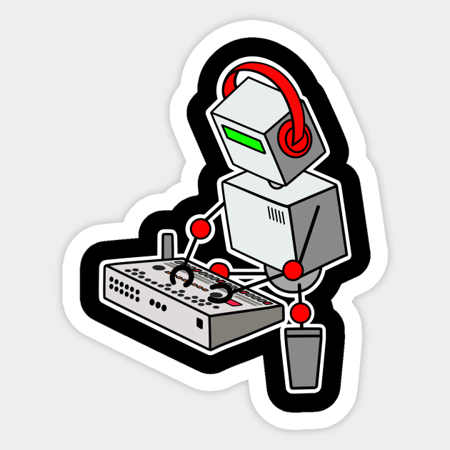 Robot Playing Drum Machine (small print size) Sticker by Atomic Malibu